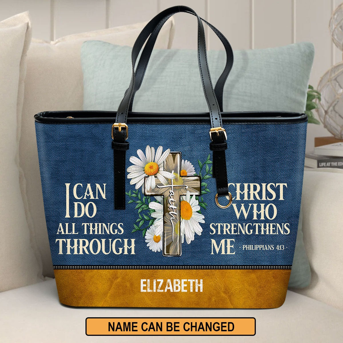 Personalized Christian Leather Handbag, I Can Do All Things Through Christ Philippians 4:13 Purse with Cross & Daisies, Gift for Women BLAF34